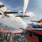 Kirby Chambliss of the United States flies in formation with Matt Hall of Australia, Yoshihide Muroya of Japan and Nigel Lamb of Great Britain