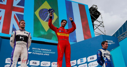 2015/2016 FIA Formula E Championship. Putrajaya ePrix, Putrajaya, Malaysia. Lucas Di Grassi (BRA), ABT Audi Sport FE01 celebrates on the podium with Sam Bird (GBR), DS Virgin Racing DSV-01 and Robin Frijns (NLD), Andretti - Spark SRT_01E. Saturday 07 November 2015. Photo: Zak Mauger/LAT ref: Digital Image _L0U2513